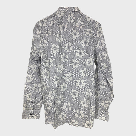 Mens Branded White/Blue Floral And Geometric Long Sleeve Shirt