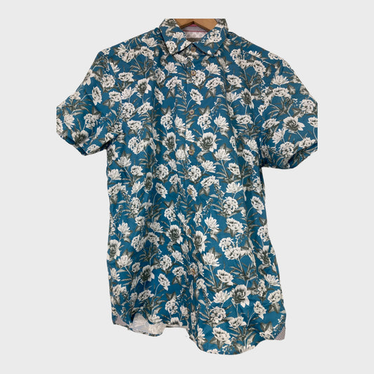 Mens Branded Blue Floral Print Short Sleeve Shirt