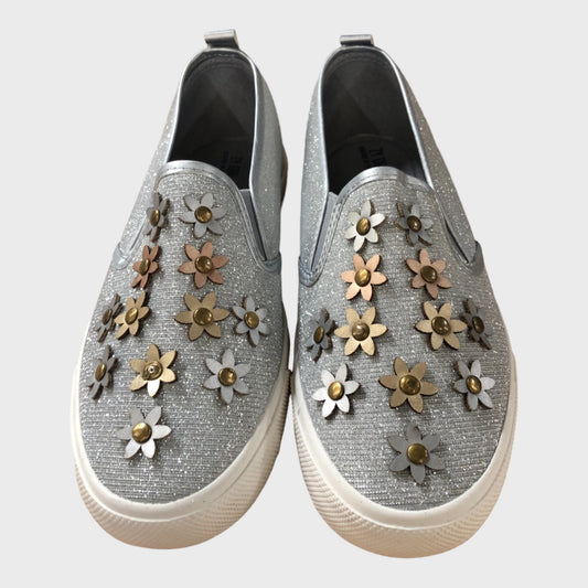 Kid's Silver Slip on Shoes - Flower Applique Detail