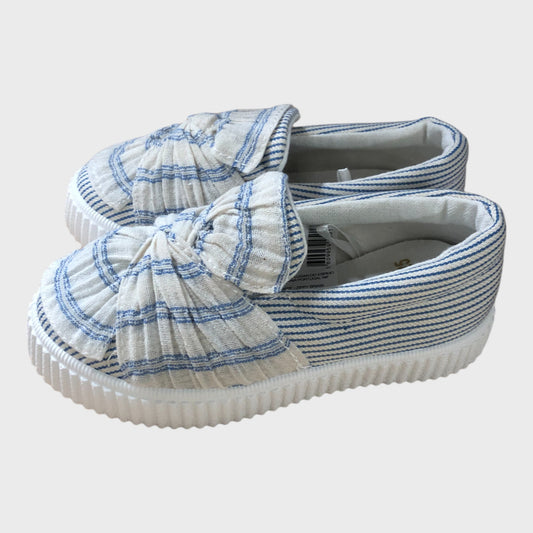 Girl's White & Blue Slip on Summer Shoes - Twist Front Detail