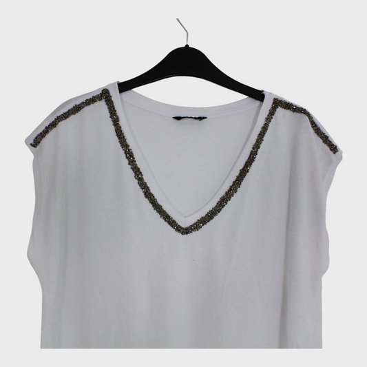 Women's White Slouchy T-Shirt With Rhinestone Embellishment