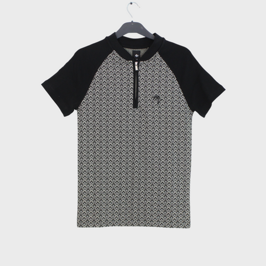 Mens Black Geometric Print Zip Slim Fit Polo Shirt