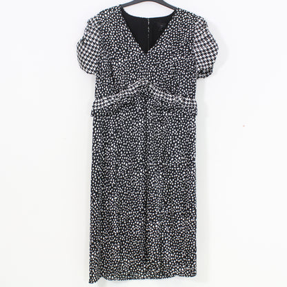Puff Sleeve Midi Dress with Ruffle Waist in Black Spot Print